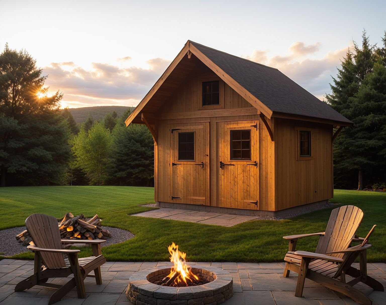 53175b528da04b0bc3e535304787b4d7fuewl Natural pine Appalachian Slade Mountain shed with steep roofline, porch dormer, and double barn doors, nestled in a forest clearing