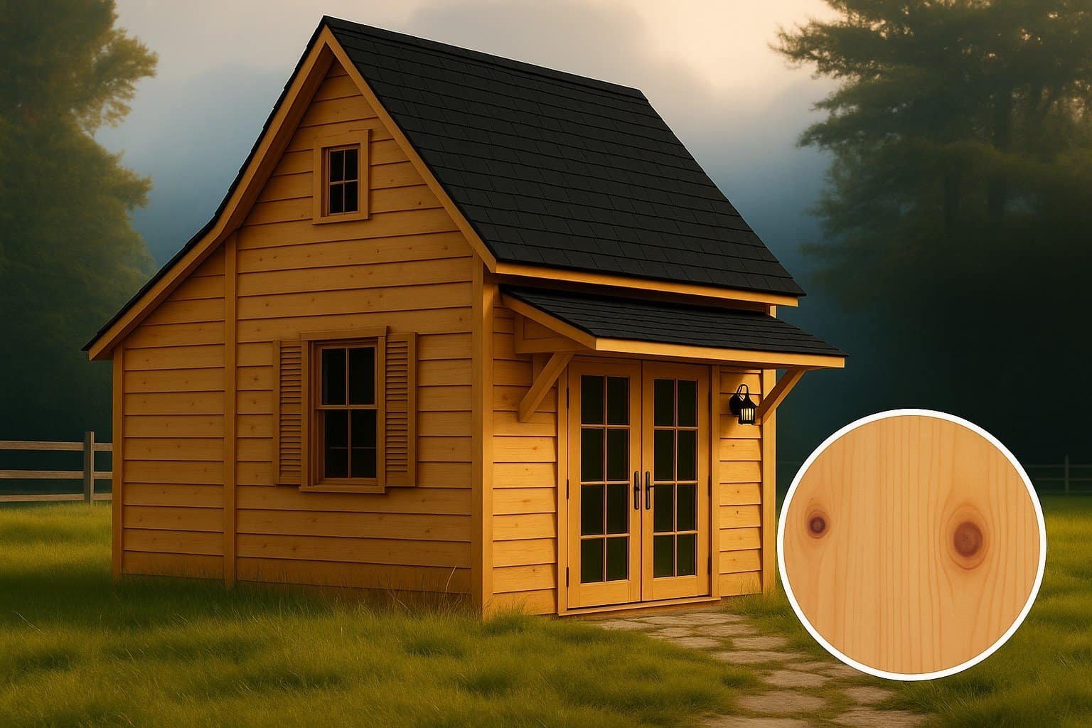 Premium Appalachian Antique Saltbox Shed featuring black shingle roof, pine-toned LP SmartSide lap siding, French double doors, and classic window shutters