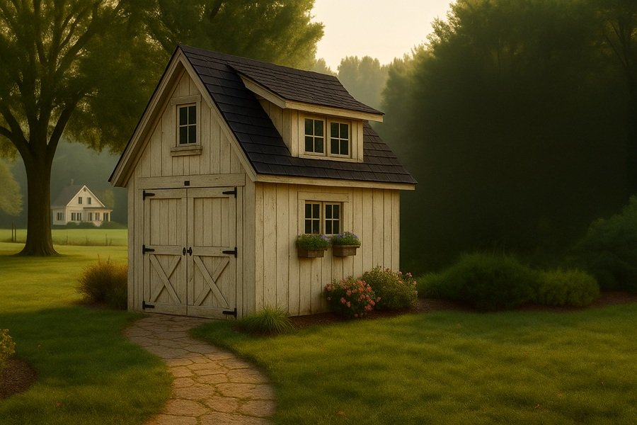 Appalachian-style carriage house shed with white vertical board-and-batten siding, black shingle roof, dormer loft window, flower boxes, and a stone walkway set in a grassy yard with a farmhouse in the distant background.