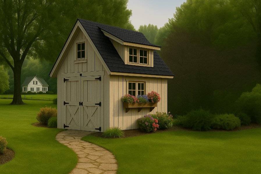 Charming Appalachian-style carriage house shed with white vertical board-and-batten siding, black shingle roof, flower boxes, and lush green landscaping
