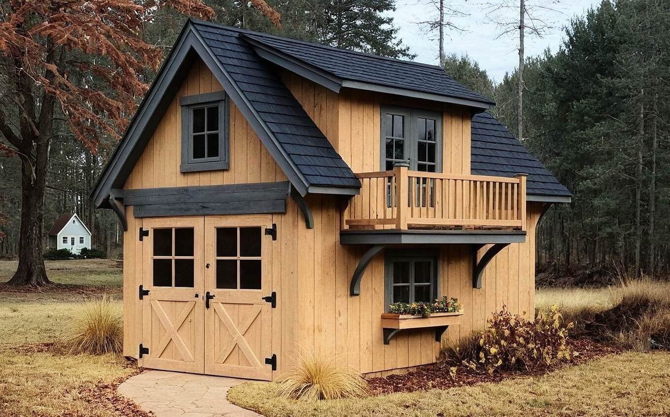 Two-story Appalachian carriage house shed with pine board-and-batten siding, black shingle roof, barn doors, balcony, and window flower box in a woodland clearing.