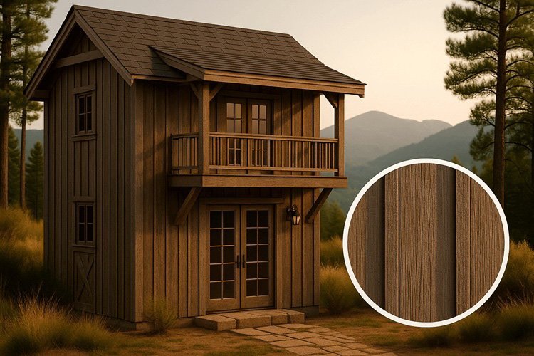 Appalachian Pine Ridge Bunkie with LP SmartSide weathered board-and-batten siding, balcony, and French doors in a mountain meadow