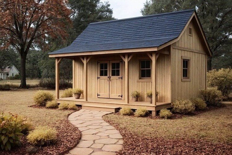 Appalachian-inspired Kentucky modern farmhouse shed with natural pine board-and-batten siding, black shingle roof, and front porch set in a warm autumn landscape