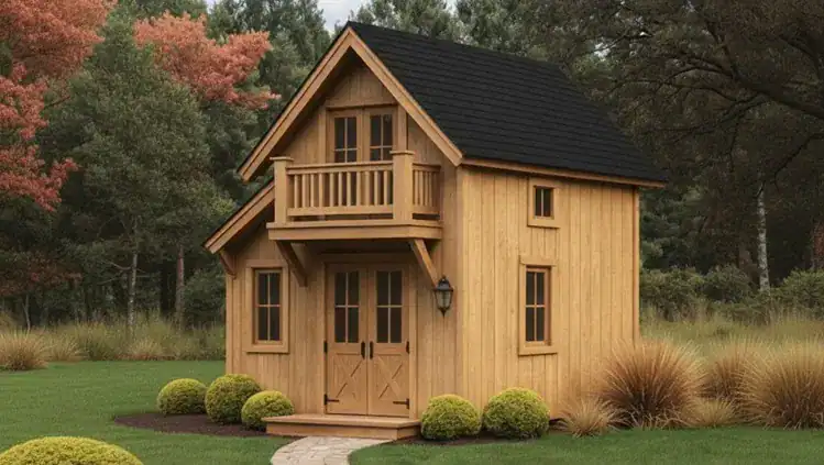 Hand-built Appalachian Pine Ridge Bunkie Deluxe with loft balcony, black shingled roof, and natural wood siding — crafted on-site by Blackridge Structures of Cincinnati.