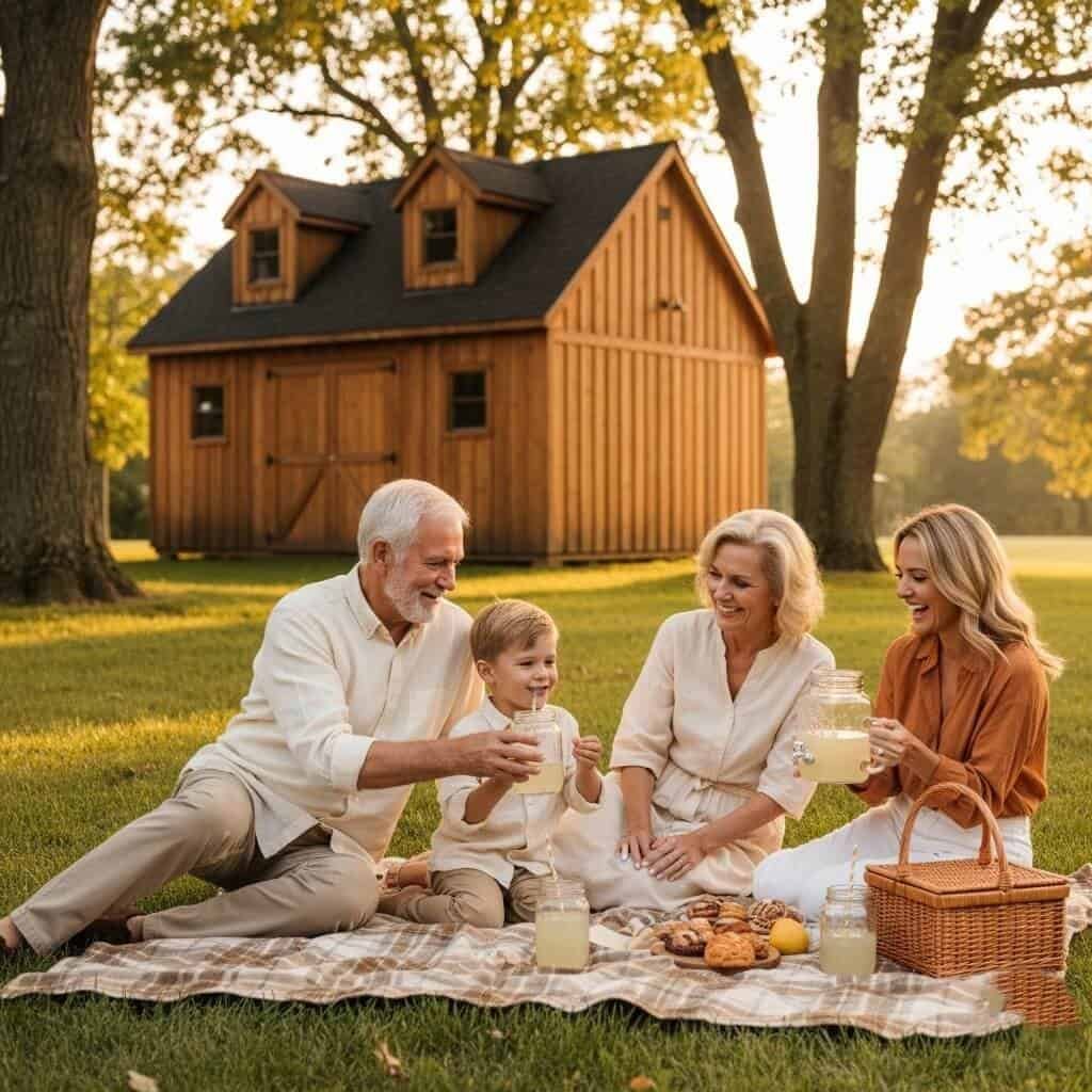 Multi-generational family enjoying a golden hour picnic on the lawn beside a handcrafted Appalachian-style carriage house shed built by Blackridge Structures of Cincinnati.