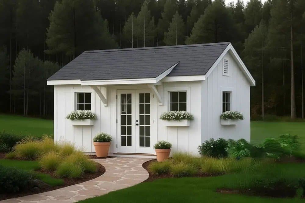 Appalachian-style white board and batten shed with French doors, flower boxes, and flagstone path in a wooded backyard.