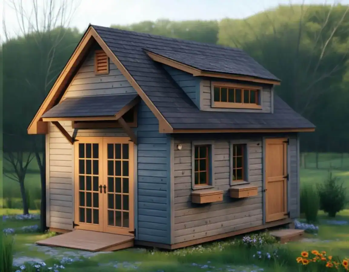 Appalachian Country Cottage Shed featuring cedar-trimmed French doors, dormer window, and flower boxes — hand-built by Blackridge Structures of Cincinnati.