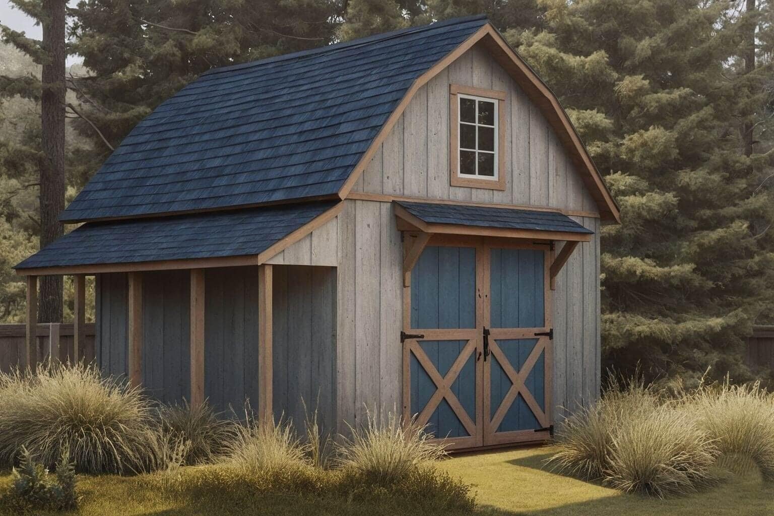 Appalachian-style barn shed with natural barnwood siding, blue double crossbuck doors, cedar trim, and gambrel roof — handcrafted by Blackridge Structures of Cincinnati