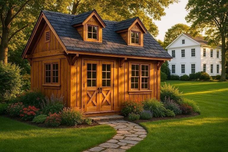 Appalachian-style Carriage House shed with honey-toned wood siding, dormer windows, double barn doors, and natural flagstone walkway surrounded by lush landscaping in a high-end Cincinnati backyard.