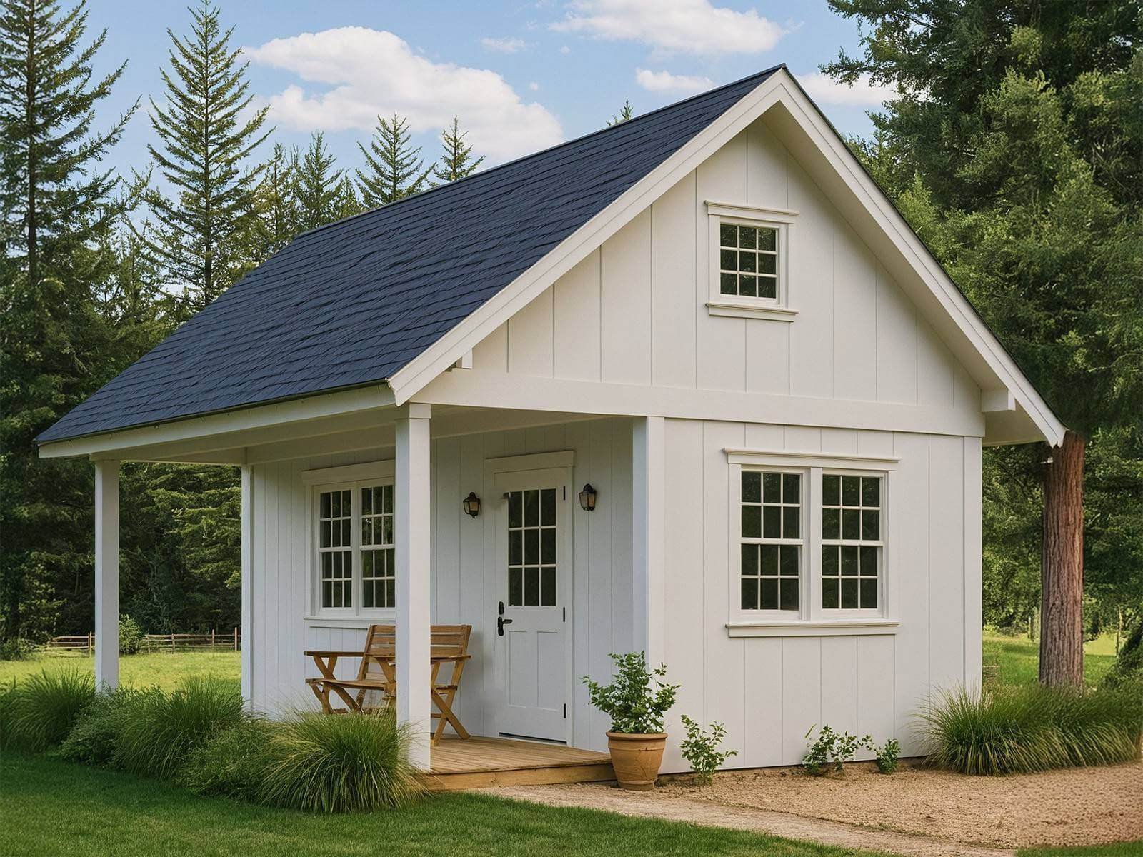 : Kentucky Modern Farmhouse Shed | BlackRidge Structures Cincinnati White Kentucky Modern Farmhouse backyard shed with dark gray roof, covered front porch, board and batten LP SmartSide siding, and grid-style windows