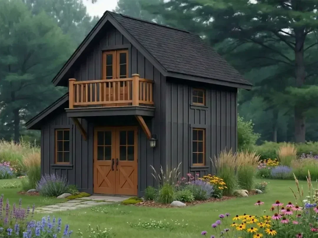 Two-story black bunkie-style backyard structure with balcony and Appalachian-inspired design