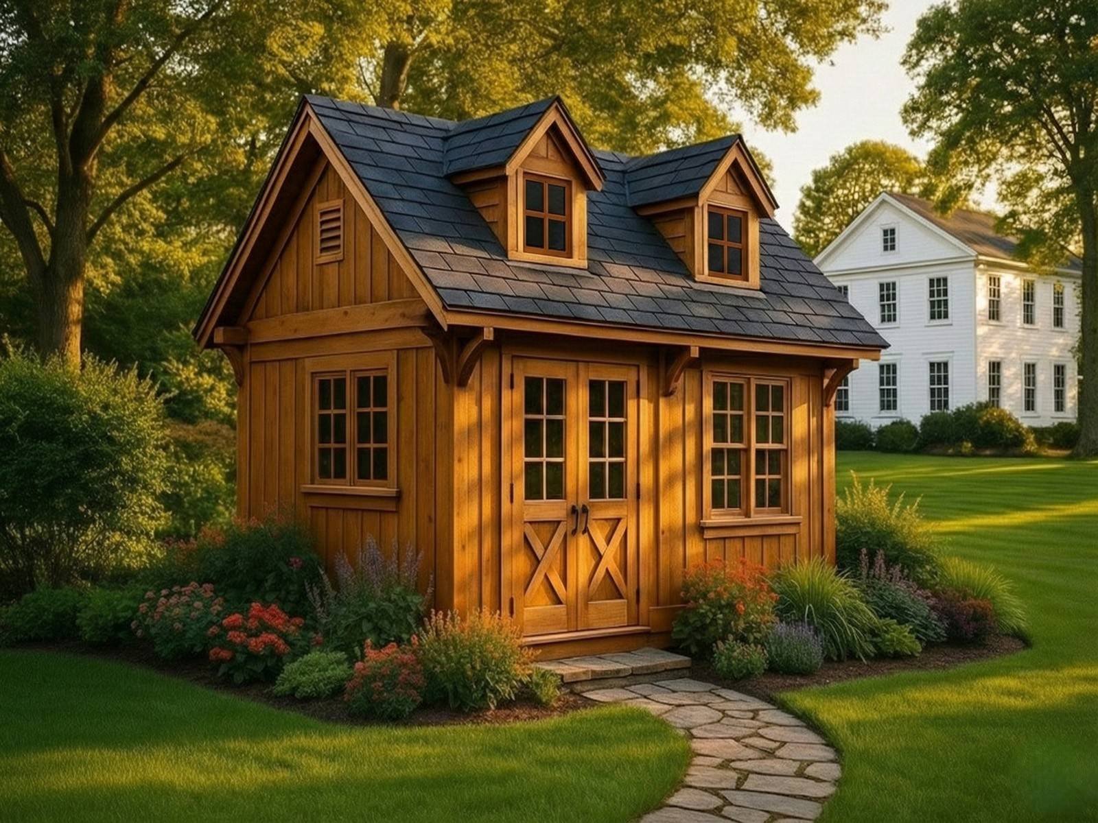 Premium Appalachian-inspired carriage house backyard structure with warm stained siding and double dormers